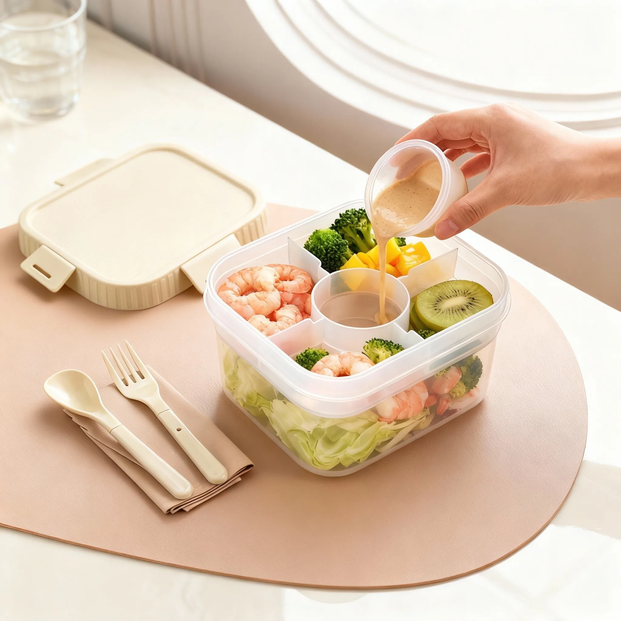 Food Storage Oven Safe - 휴대용 플라스틱 이중 구조 도시락통, 소스