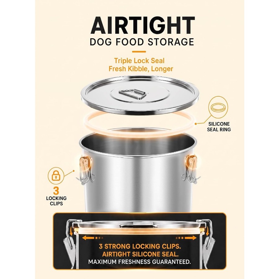 35파운드 용량의 밀폐형 스테인리스 스틸 애완견 사료  - Food Storage Containers 리뷰 및 가격