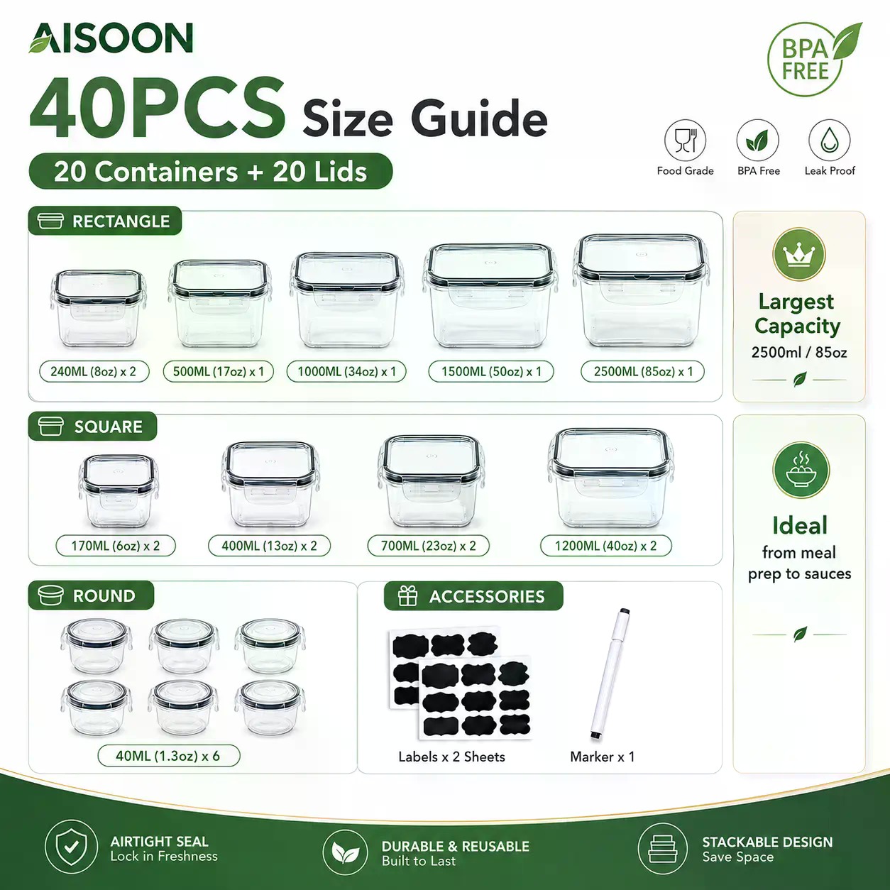 40개입 초대형 85oz 실리콘 밀폐 식품 보관 용기  - Food Storage Labels 리뷰 및 가격